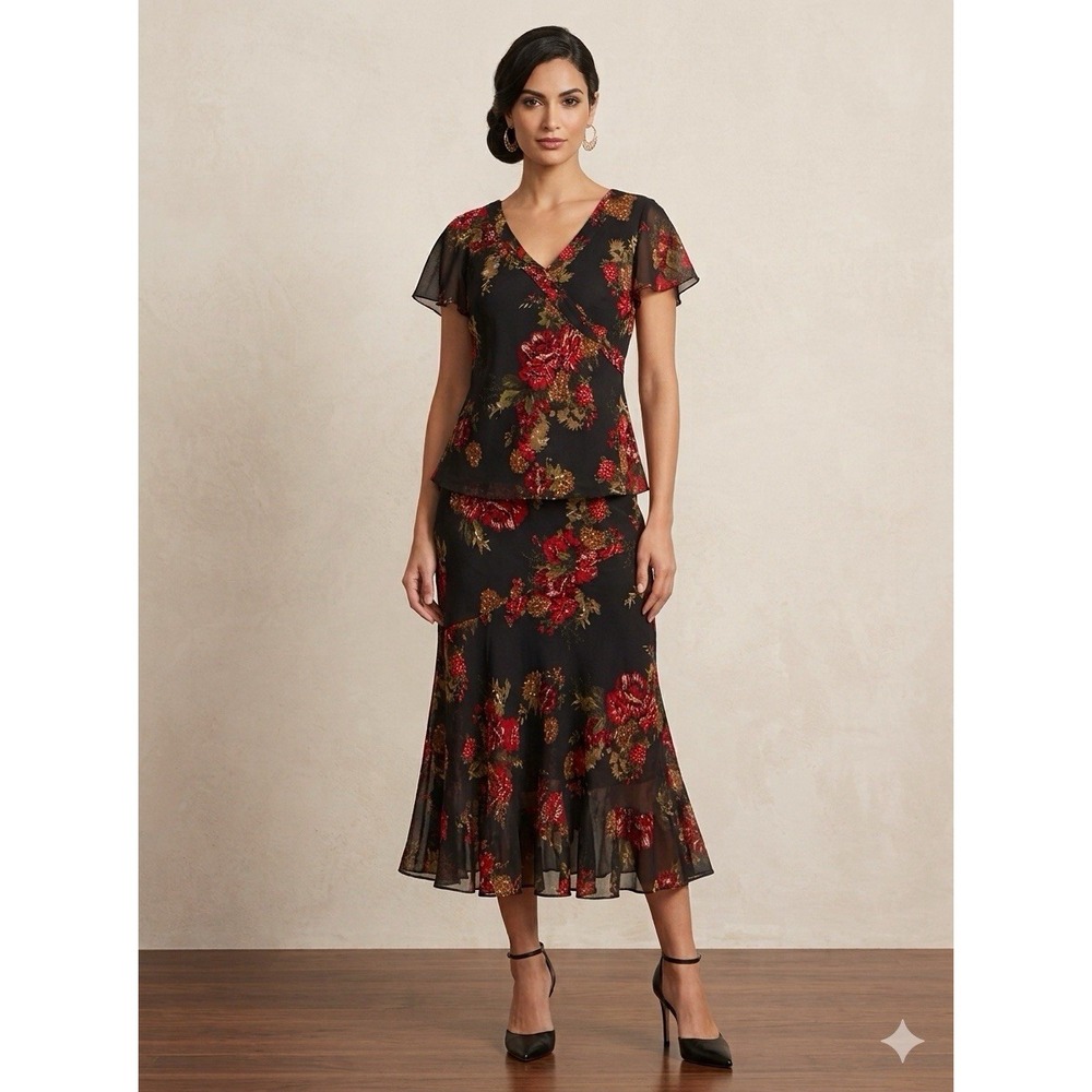 Asymmetrical Skirt Set Y2K Black Floral Forest Dark Fairy Whimsy Flowy Medium 10